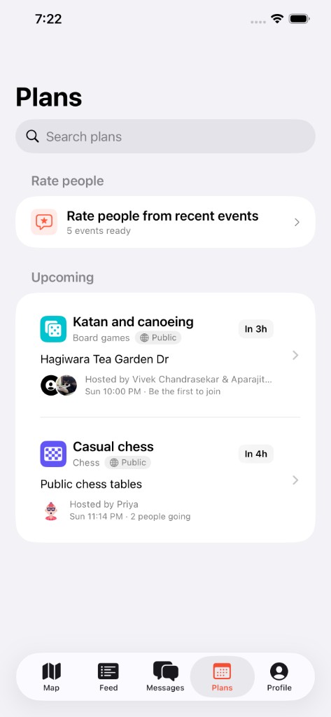Plans tab showing upcoming RSVPs.